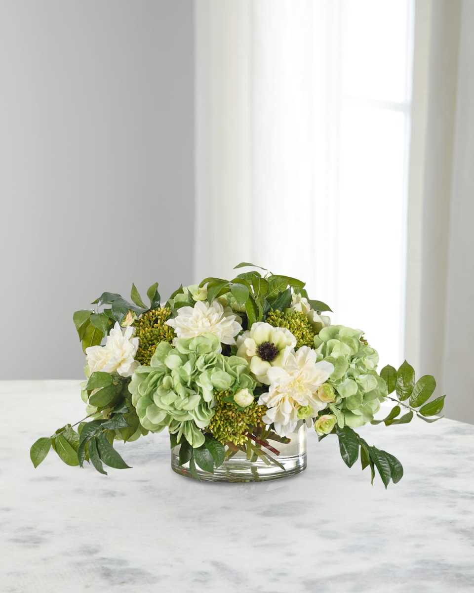 Faux Hydrangea Dahlia Plant In Glass Bowl, 12"T
